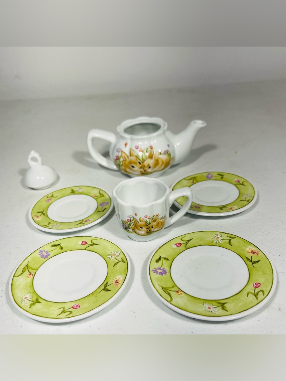 Delton Bunny Miniature Porcelain Tea Set 7 Pc Incomplete Floral Rabbit